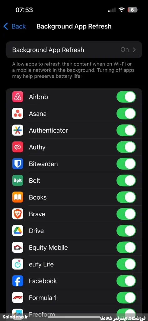 دلیل خالی شدن باتری آیفون در شب و روشهای جلوگیری از آن 4 3.background app refresh page in iphone settings app 2