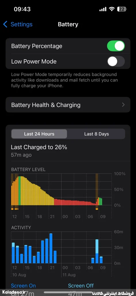 دلیل خالی شدن باتری آیفون در شب و روشهای جلوگیری از آن 9 8.iphone battery settings page with low power mode disabled 7