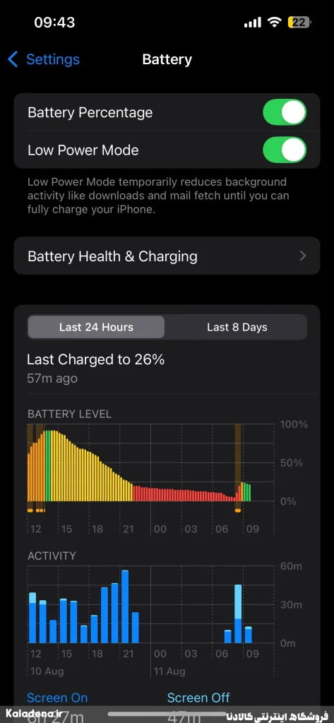 دلیل خالی شدن باتری آیفون در شب و روشهای جلوگیری از آن 10 9.iphone battery settings page with low power mode enabled 8
